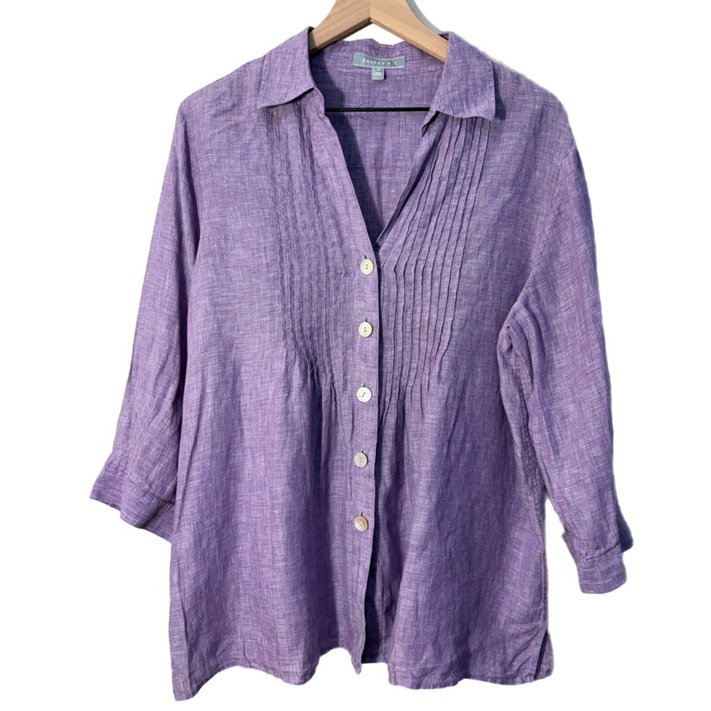 FOXCROFT Lavender 100% Linen Relaxed Fit Pleated Button Up Blouse Women’s 14